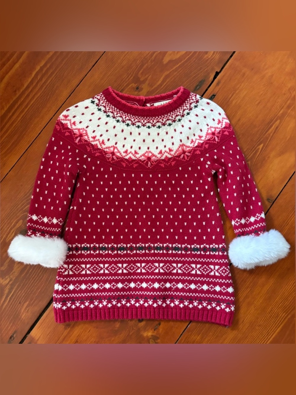 Aspen Kids Red, White, and Pink Fair Isle Pattern Sweater Dress, Size 6-9 Months